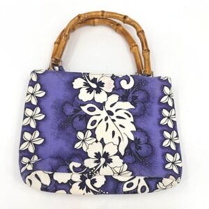 Vintage Hawaiian Hibiscus Floral Purple Canvas Handbag with Bamboo Handles